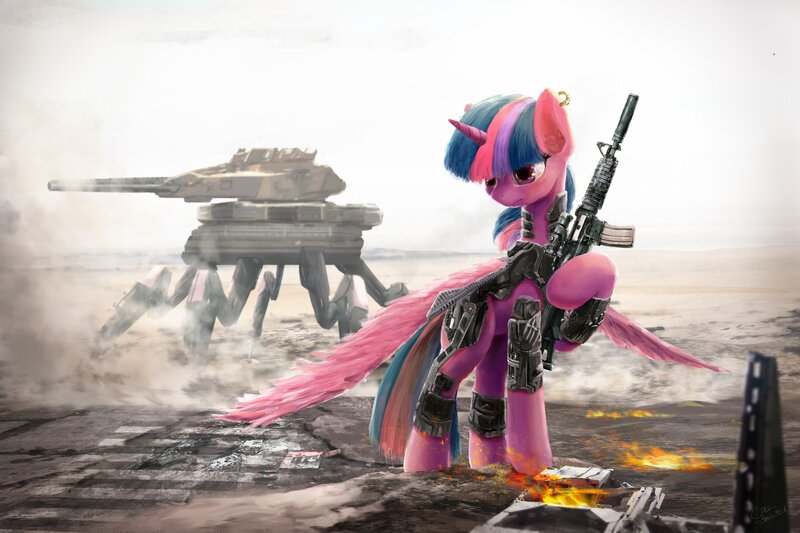 Size: 4007x2672 | Tagged: safe, artist:smg11-on-ddjrb, derpibooru import, twilight sparkle, twilight sparkle (alicorn), alicorn, earth pony, pony, robot, armor, cyberpunk, female, fire, gun, hoof hold, legged machine, machine, machine gun, mare, mecha, solo, spider legged walker, spread wings, walker, war, weapon, wings