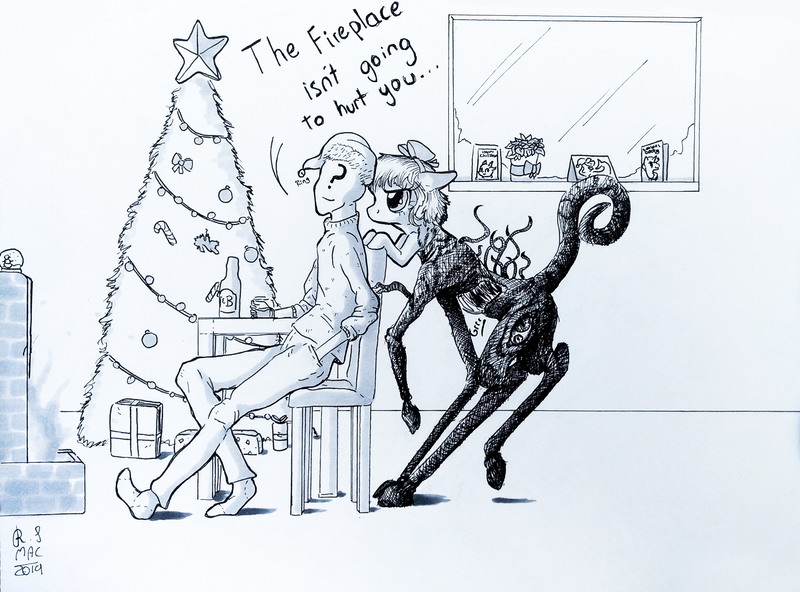 Size: 2534x1874 | Tagged: 4chan, adoracreepy, artist:rachelmacready, body horror, christmas, creepy, cute, derpibooru import, eldritch abomination, holiday, human, monochrome, oc, oc:anon, oc:thingpone, pyrophobia, semi-grimdark, traditional art