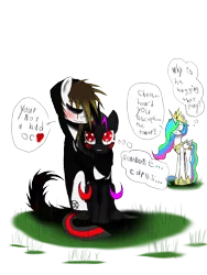 Size: 1200x1600 | Tagged: safe, artist:didun850, derpibooru import, princess celestia, oc, oc:chase, oc:darkness darkblade, alicorn, pony, angry, blushing, clothes, confused, cross-popping veins, dialogue, female, heart, hoodie, hoof shoes, hug, male, mare, oc x oc, shipping, simple background, stallion, thought bubble, transparent background