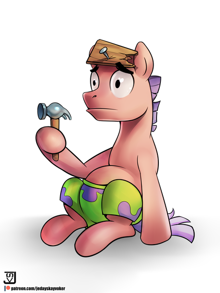 Size: 1500x2000 | Tagged: safe, artist:jedayskayvoker, derpibooru import, ponified, pony, clothes, crossover, fanart, hammer, male, nickelodeon, patrick star, silly face, simple background, solo, spongebob squarepants, stallion, white background