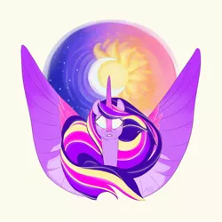 Size: 2000x2000 | Tagged: safe, alternate version, artist:creeate97, derpibooru import, princess twilight 2.0, twilight sparkle, twilight sparkle (alicorn), alicorn, pony, the last problem, bust, female, flowing mane, glowing eyes, mane, mare, moon, older, older twilight, solo, stars, sun, ultimate twilight