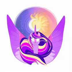 Size: 2000x2000 | Tagged: safe, alternate version, artist:creeate97, derpibooru import, princess twilight 2.0, twilight sparkle, twilight sparkle (alicorn), alicorn, pony, the last problem, bust, female, flowing mane, glowing eyes, mane, mare, moon, older, older twilight, solo, stars, sun, ultimate twilight