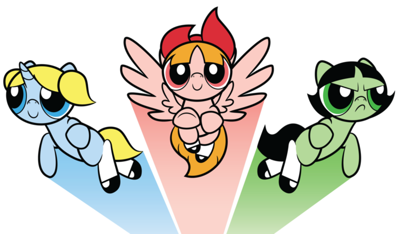 Size: 900x529 | Tagged: safe, artist:faikie, derpibooru import, edit, ponified, earth pony, pegasus, pony, unicorn, beam, blossom (powerpuff girls), bow, bubbles (powerpuff girls), buttercup (powerpuff girls), clothes, contrail, flying, hair bow, mary janes, pigtails, shoes, socks, superhero, the powerpuff girls, white socks