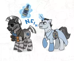 Size: 1261x1041 | Tagged: safe, artist:kessavel-art, derpibooru import, ponified, pony, unicorn, zebra, alcohol, demoman, medic, nein, team fortress 2, whiskey