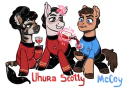 Size: 1000x719 | Tagged: safe, artist:kessavel-art, derpibooru import, ponified, pegasus, pony, unicorn, zebra, leonard mccoy, montgomery scott, nyota uhura, star trek, star trek (tos)