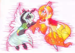 Size: 1024x725 | Tagged: ambryn, artist:oneiria-fylakas, derpibooru import, oc, oc:fyra, original species, queen chrysalis, safe, traditional art