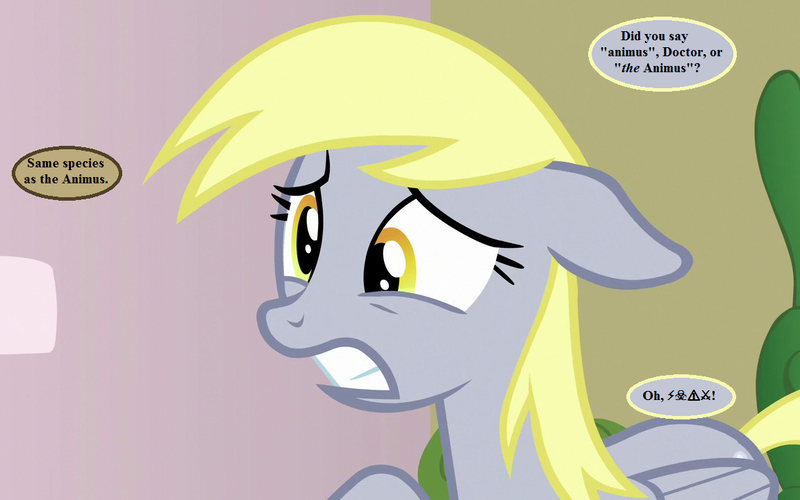 Size: 1152x720 | Tagged: safe, derpibooru import, edit, edited screencap, screencap, derpy hooves, pony, triple threat, censored vulgarity, cropped, dialogue, doctor who, floppy ears, grawlixes, implied doctor whooves, speech bubble, the web planet, uh oh