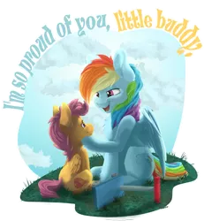 Size: 2410x2609 | Tagged: safe, artist:allyclaw, deleted from derpibooru, derpibooru import, rainbow dash, scootaloo, pegasus, pony, crusaders of the lost mark, dialogue, duo, female, looking at each other, scootalove, scooter, sitting, smiling, text