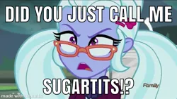 Size: 1334x750 | Tagged: suggestive, derpibooru import, edit, edited screencap, screencap, sugarcoat, equestria girls, friendship games, angry, caption, discovery family logo, glasses, insult, insulted, meme, nickname