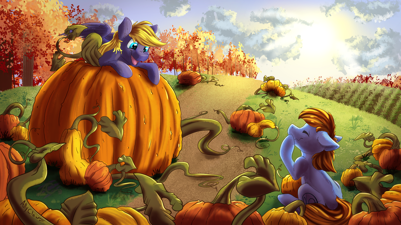 Size: 2400x1350 | Tagged: safe, artist:allyclaw, deleted from derpibooru, derpibooru import, oc, oc:ad, oc:cloud quake, unofficial characters only, earth pony, pegasus, pony, pumpkin, scenery, tree