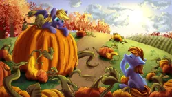 Size: 2400x1350 | Tagged: safe, artist:allyclaw, deleted from derpibooru, derpibooru import, oc, oc:ad, oc:cloud quake, unofficial characters only, earth pony, pegasus, pony, pumpkin, scenery, tree