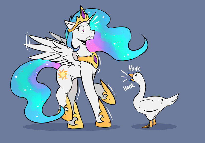 Size: 1437x1000 | Tagged: safe, artist:lostdreamm, derpibooru import, princess celestia, alicorn, bird, goose, pony, chest fluff, duo, fear, female, gray background, honk, jewelry, mare, motion lines, regalia, simple background, surprised, untitled goose game, wing flap