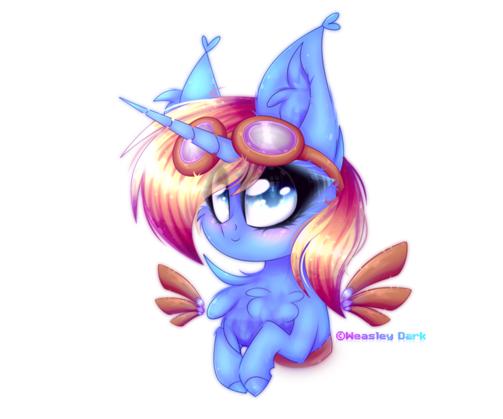 Size: 1200x1000 | Tagged: safe, artist:divan666, artist:weasley dark, derpibooru import, oc, oc:skydreams, unofficial characters only, pony, unicorn, artificial wings, augmented, aviator goggles, blushing, bust, chest fluff, chibi, commission, cute, female, goggles, mare, mechanical wing, wings, ych result
