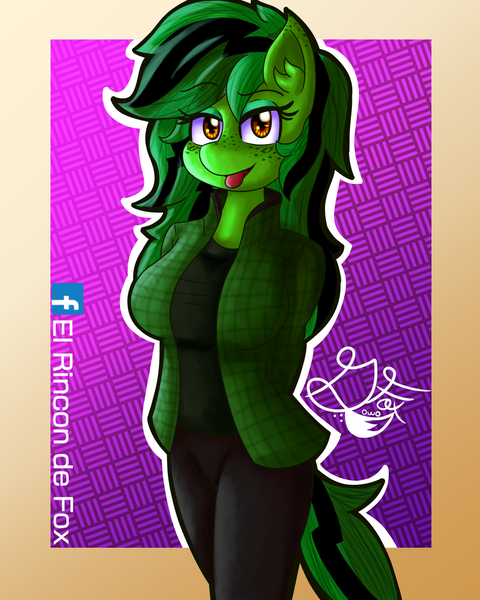 Size: 1000x1250 | Tagged: safe, artist:thedamneddarklyfox, derpibooru import, oc, oc:diamond green, anthro, pegasus, arm behind back, clothes, female, jacket, long hair, long mane, looking at you, pants, solo, tongue out