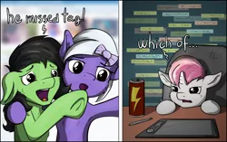 Size: 2480x1558 | Tagged: safe, artist:rainihorn, derpibooru import, oc, oc:anonfilly, oc:comment, oc:lollipop, ponified, unofficial characters only, earth pony, pony, unicorn, derpibooru, armpits, battery, bow, chair, chest fluff, derpibooru ponified, drawing tablet, energetic, engrish, female, filly, floppy ears, frog (hoof), meme, meta, open mouth, table, tablet, tablet pen, tags, text, underhoof, woman yelling at a cat