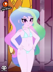 Size: 1920x2600 | Tagged: suggestive, alternate version, artist:theminus, derpibooru import, princess celestia, equestria girls, belly button, blushing, breasts, clothes, delicious flat chest, eyeshadow, female, flatchestia, looking at you, makeup, solo, solo female, swimsuit, tsundere, younger