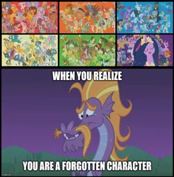Size: 1134x1152 | Tagged: safe, derpibooru import, edit, edited screencap, screencap, autumn blaze, babs seed, capper dapperpaws, coco pommel, gabby, gallus, garble, gilda, gummy, little strongheart, ocellus, opalescence, owlowiscious, silverstream, steven magnet, tank, yona, alicorn, bird, buffalo, cat, changedling, changeling, dragon, earth pony, gryphon, hippogriff, kirin, owl, pony, sea serpent, yak, friendship is magic, my little pony: the movie, the last problem, caption, facial hair, meme, most of the characters, moustache, sad, teary eyes, text, they forgot about me