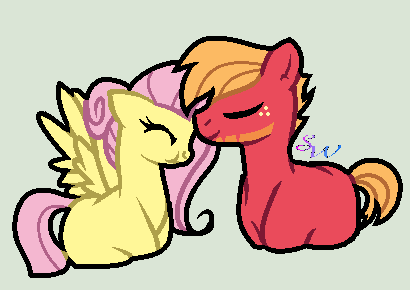 Size: 410x290 | Tagged: safe, artist:brendalobinha, derpibooru import, edit, big macintosh, fluttershy, earth pony, pegasus, pony, base used, beard, eyes closed, facial hair, female, fluttermac, forehead kiss, freckles, green background, hair bun, kissing, male, mare, missing cutie mark, puffy cheeks, shipping, simple background, spread wings, stallion, straight, wings