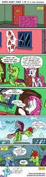 Size: 975x3716 | Tagged: safe, artist:pony-berserker, derpibooru import, diamond rose, oc, oc:berzie, oc:dopple, oc:stainless key, changedling, changeling, pegasus, pony, comic:paper heart, changeling hive, comic, door, dutch angle, flying, grammar error, hard hat, jumping out of a window, manehattan, mirror, not rarity, screaming, speech bubble, wardrobe, window