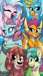 Size: 540x960 | Tagged: safe, artist:shibaroll, deleted from derpibooru, derpibooru import, gallus, ocellus, sandbar, silverstream, smolder, yona, changedling, changeling, classical hippogriff, dragon, earth pony, gryphon, hippogriff, pony, yak, bow, cloven hooves, colored hooves, cute, diaocelles, diastreamies, dragoness, female, gallabetes, hair bow, happy, jewelry, male, monkey swings, necklace, open mouth, peace sign, sandabetes, smiling, smolderbetes, student six, teenaged dragon, teenager, yonadorable