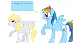 Size: 587x353 | Tagged: safe, artist:cotton-candy-pony, derpibooru import, derpy hooves, rainbow dash, pegasus, pony, abuse, angry, crying, derpybuse, female, floppy ears, mare, open mouth, rainbow douche, raised hoof, simple background, speech bubble, standing, text, white background, wings