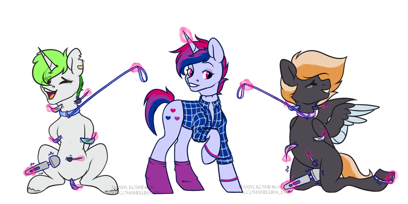 Size: 2000x1000 | Tagged: questionable, alternate version, artist:hellishprogrammer, derpibooru import, oc, oc:halfmoon glitter, oc:indigo hearts, oc:starshine glow, unofficial characters only, bat pony, hybrid, pegasus, pony, unicorn, arm behind back, bandaid, bdsm, bedroom eyes, bisexual, blank flank, bondage, brush, clothes, collar, commission, crying, ear piercing, earring, erotic tickling, eyebrow piercing, eyeshadow, featureless crotch, female, femsub, fetish, flannel, gay, glowing horn, gritted teeth, group sex, halfmoon hearts, hitachi wand, hoof fetish, hoof tickling, horn, indigo glitter glow, jewelry, laughing, leash, makeup, male, maledom, malesub, mare, multicolored hair, necklace, nudity, oc x oc, open mouth, paintbrush, piercing, polyamory, raised hoof, sex, sex toy, shipping, simple background, socks, stallion, starshine hearts, straight, submissive, tears of laughter, threesome, tickle fetish, tickle torture, tickling, unshorn fetlocks, vibrator, wall of tags, white background, wristband