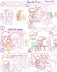 Size: 1280x1611 | Tagged: suggestive, artist:adorkabletwilightandfriends, derpibooru import, apple cobbler, cheerilee, lily, lily valley, lyra heartstrings, octavia melody, spike, oc, oc:kent, oc:pastor paul, oc:petey, oc:red, oc:tax pirate, big cat, dragon, earth pony, pony, tiger, unicorn, comic:adorkable twilight and friends, adorkable friends, apple family member, autumn, bed, bedroom, bench, blanket, comic, dinner, drink, fan favorite, funny, humor, implied sex, kissing, lilyspike, mobile phone, moon, night, phone, pillow, plushie, sitting, smartphone, tree, window