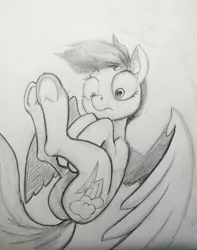 Size: 2809x3560 | Tagged: safe, artist:ponsce, derpibooru import, rainbow dash, pegasus, pony, female, mare, monochrome, shrunken pupils, solo, traditional art, underhoof