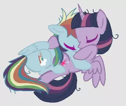 Size: 439x371 | Tagged: safe, derpibooru import, mean rainbow dash, mean twilight sparkle, the mean 6, base used, clone, cuddling, eyes closed, female, gray background, horn, lesbian, lying down, mare, mean twidash, shipping, simple background, twidash