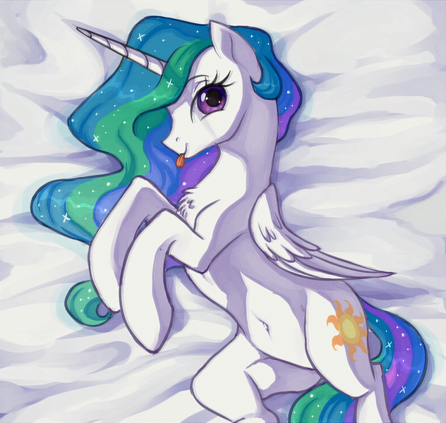 Size: 1255x1191 | Tagged: safe, artist:toroitimu, derpibooru import, princess celestia, alicorn, pony, :p, beautiful, belly button, chest fluff, cute, cutelestia, cutie mark, female, folded wings, looking at you, lying down, mare, multicolored mane, multicolored tail, purple eyes, sillestia, silly, solo, tongue out, we don't normally wear clothes, wings