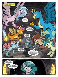 Size: 768x1024 | Tagged: safe, artist:tonyfleecs, derpibooru import, idw, gallus, ocellus, sandbar, silverstream, smolder, swift foot, yona, changedling, changeling, classical hippogriff, earth pony, hippogriff, yak, spoiler:comic, spoiler:comicfeatsoffriendship03, bickering, claws, cloven hooves, doubt, preview, student six, teenager, thracian, young mare