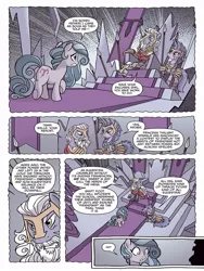 Size: 768x1024 | Tagged: safe, artist:tonyfleecs, derpibooru import, idw, king diomedes, swift foot, terri belle, earth pony, pony, spoiler:comic, spoiler:comicfeatsoffriendship03, armor, comic, female, male, mare, official comic, preview, spear, speech bubble, stallion, thrace, thracian, throne, weapon