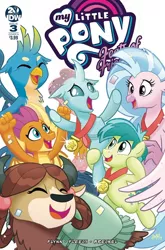 Size: 632x960 | Tagged: safe, artist:tonyfleecs, derpibooru import, idw, gallus, ocellus, sandbar, silverstream, smolder, yona, changedling, changeling, classical hippogriff, dragon, gryphon, hippogriff, pony, yak, spoiler:comic, spoiler:comicfeatsoffriendship03, cover, cute, diaocelles, diastreamies, eyes closed, female, gallabetes, happy, male, medallion, open mouth, preview, sandabetes, smiling, smolderbetes, student six, teenaged dragon, teenager, yonadorable