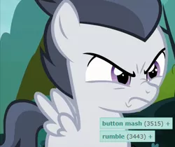 Size: 876x736 | Tagged: safe, derpibooru import, edit, edited screencap, screencap, button mash, rumble, pegasus, pony, derpibooru, marks and recreation, angry, colt, comparison, cropped, male, meta, rumble is not amused, solo, tags