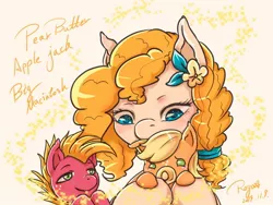 Size: 1024x768 | Tagged: safe, artist:roya, derpibooru import, applejack, big macintosh, pear butter, pony, baby, babyjack, colt big macintosh, cute, female, flower, flower in hair, foal, jackabetes, macabetes, male, mare, mother and child, mother and daughter, mother and son, pacifier, pearabetes, pixiv, younger