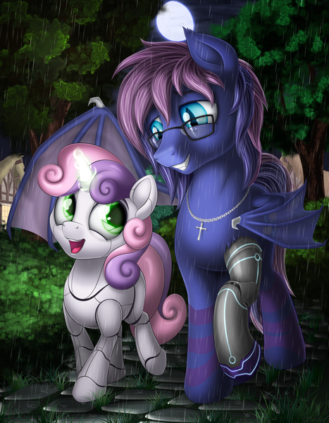 Size: 2100x2700 | Tagged: safe, artist:awalex, derpibooru import, sweetie belle, oc, oc:bitmaker, bat pony, pony, robot, robot pony, unicorn, amputee, bat pony oc, bat wings, cobblestone street, crucifix, cute, diasweetes, evening, female, filly, glasses, glow, glowing eyes, glowing horn, grin, horn, jewelry, lidded eyes, magic, magic aura, male, missing cutie mark, moon, necklace, open mouth, prosthetic limb, prosthetics, rain, raised hoof, raised leg, smiling, spread wings, stallion, sweetie bot, wing umbrella, wings