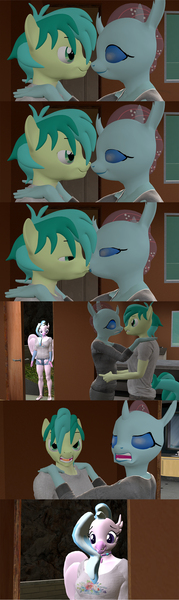 Size: 970x3260 | Tagged: safe, artist:andrescortez7, derpibooru import, ocellus, sandbar, silverstream, anthro, changedling, changeling, classical hippogriff, earth pony, hippogriff, plantigrade anthro, 3d, bedroom eyes, clothes, comic, female, imminent kissing, interrupted, interspecies, lidded eyes, looking at each other, male, ocelbar, shipping, source filmmaker, straight, textless