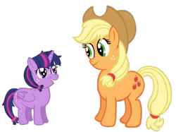 Size: 2732x2048 | Tagged: safe, artist:turnaboutart, derpibooru import, applejack, twilight sparkle, twilight sparkle (alicorn), alicorn, earth pony, pony, fanfic:mama applejack, age regression, alternate cutie mark, alternate hairstyle, alternate universe, applejack's hat, cowboy hat, fanfic art, female, filly, hairband, hat, mare, mother and child, mother and daughter, simple background, stetson, transparent background