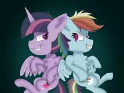 Size: 1024x768 | Tagged: safe, derpibooru import, mean rainbow dash, mean twilight sparkle, rainbow dash, twilight sparkle, alicorn, pegasus, pony, the mean 6, clone, female, horn, lesbian, looking at each other, mare, mean twidash, shipping, smiling, spread wings, twidash, wings