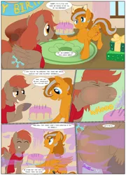 Size: 1800x2496 | Tagged: safe, artist:necrofeline, derpibooru import, oc, oc:slam tilt, oc:winterlight, unofficial characters only, pegasus, pony, comic:birthday balloons, air inflation, belly, big belly, birthday, cake, comic, dialogue, duo, duo male, food, growth, inflation, male, onomatopoeia, sound effects, stallion