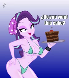 Size: 5390x6020 | Tagged: suggestive, artist:luckreza8, artist:theborman06, derpibooru import, starlight glimmer, equestria girls, beanie, bikini, breasts, bronybait, busty starlight glimmer, cake, clothes, do you want this cake, female, food, gradient background, hat, meme, micro bikini, show accurate, solo, solo female, stupid sexy starlight glimmer, swimsuit, text