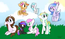 Size: 1000x600 | Tagged: safe, artist:wisheslotus, derpibooru import, oc, oc:cortella, oc:lily cloud, oc:mary medley, oc:nemi, oc:nightflare, oc:sunlight splash, oc:wishes, unofficial characters only, alicorn, pegasus, pony, unicorn, alicorn oc, bow, cloud, female, flying, hair bow, horn, looking down, looking up, mare, on a cloud, pegasus oc, prone, signature, sitting, sitting on cloud, unicorn oc, wings