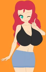 Size: 685x1074 | Tagged: artist:sturk-fontaine, big breasts, breasts, cleavage, clothes, derpibooru import, female, huge breasts, human, humanized, mlp wannabes, not sunset shimmer, oc, oc:summer, one eye closed, orange background, shorts, simple background, solo, solo female, suggestive, unofficial characters only, wink