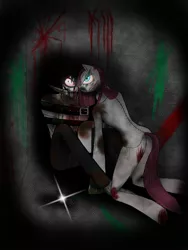 Size: 1200x1600 | Tagged: semi-grimdark, artist:didun850, derpibooru import, pinkie pie, anthro, earth pony, human, unguligrade anthro, blood, bondage, clothes, crossover, female, insanity, jeff the killer, kneeling, knife, looking at you, male, meme, mouth hold, pinkamena diane pie, straitjacket