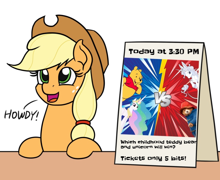 Size: 733x600 | Tagged: safe, derpibooru import, applejack, princess celestia, pony, unicorn, applejack's sign, childhood, fight, howdy, lady amalthea, meme, paddington bear, teddy bear, the last unicorn, vs, winnie the pooh