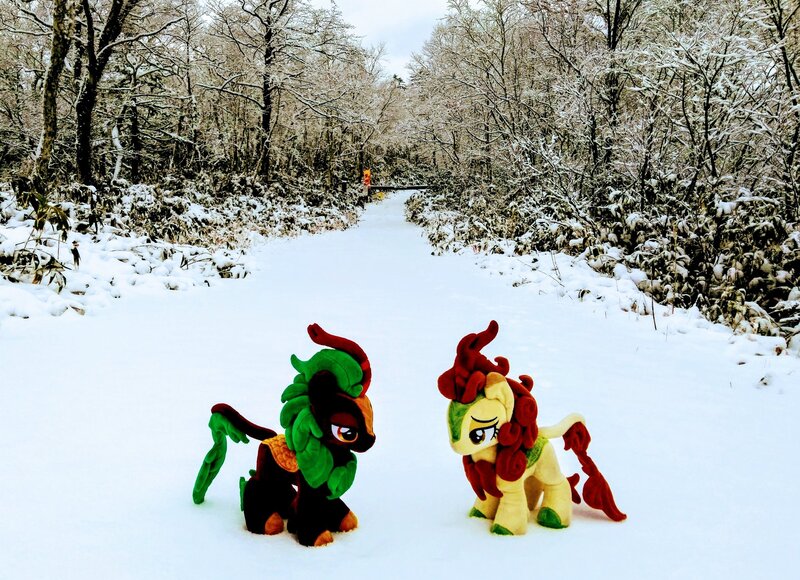 Size: 2048x1485 | Tagged: artist:hihin1993, autumn blaze, cinder glow, derpibooru import, forest, irl, japan, photo, plushie, quarrel, safe, snow, summer flare