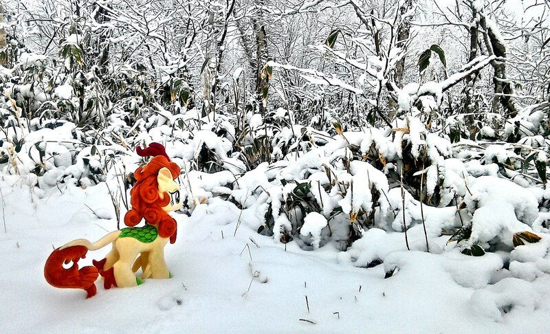 Size: 2048x1244 | Tagged: artist:hihin1993, autumn blaze, derpibooru import, forest, irl, japan, photo, plushie, safe, snow, solo