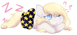 Size: 1901x867 | Tagged: safe, artist:pomrawr, derpibooru import, oc, unofficial characters only, earth pony, pony, blanket, confused, earth pony oc, eye clipping through hair, one eye closed, onomatopoeia, prone, question mark, sleepy, solo, sound effects, tired, wink, zzz