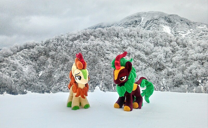 Size: 2048x1256 | Tagged: artist:hihin1993, autumn blaze, cinder glow, derpibooru import, forest, hill, irl, japan, kirin, photo, plushie, safe, scenery, snow, summer flare