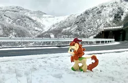 Size: 2018x1317 | Tagged: artist:hihin1993, autumn blaze, derpibooru import, hill, irl, japan, kirin, photo, plushie, road, safe, scenery, snow, solo, tunnel